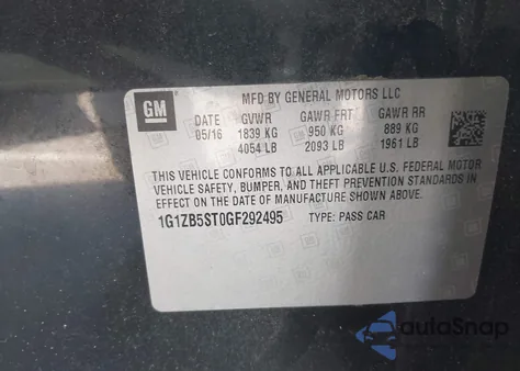 2016 Chevrolet Malibu Ls z USA, uszkodzony, nr VIN 1G1ZB5ST0GF292495